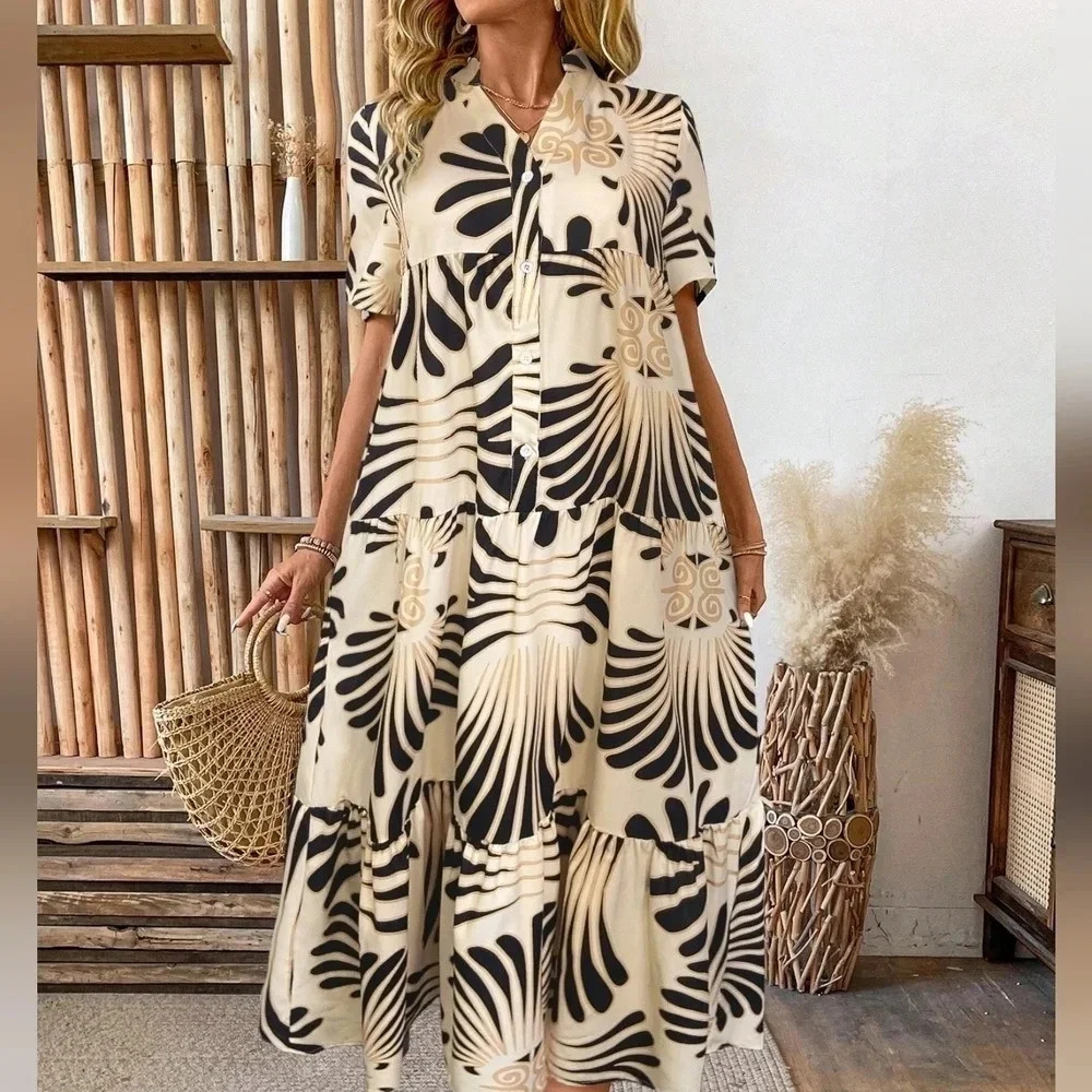 Holiday Floral Printed Notch V-Neck Short Sleeve Long Loose Casual Dress - Picture 2 of 4